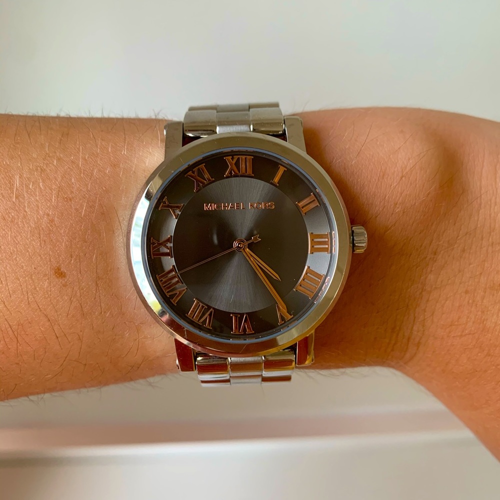 Michael Kors silver/gunmetal and rose gold watch